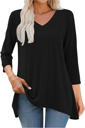 3/4 Sleeve Tunic Tops for Women Loose Fit Casual Dressy Flowy Blouse Cotton V Neck Basic Tshirt with Asymmetrical Hem in Saudi Arabia
