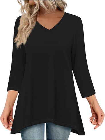 3/4 Sleeve Tunic Tops for Women Loose Fit Casual Dressy Flowy Blouse Cotton V Neck Basic Tshirt with Asymmetrical Hem in Saudi Arabia