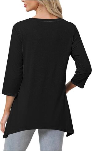 3/4 Sleeve Tunic Tops for Women Loose Fit Casual Dressy Flowy Blouse Cotton V Neck Basic Tshirt with Asymmetrical Hem in Saudi Arabia