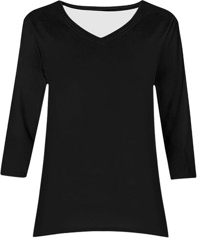 3/4 Sleeve Tunic Tops for Women Loose Fit Casual Dressy Flowy Blouse Cotton V Neck Basic Tshirt with Asymmetrical Hem in Saudi Arabia