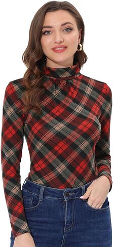 Allegra K Plaid Shirt for Women's Turtleneck Tops Stretch Slim Long Sleeve Blouse in Saudi Arabia