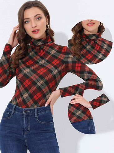 Allegra K Plaid Shirt for Women's Turtleneck Tops Stretch Slim Long Sleeve Blouse in Saudi Arabia