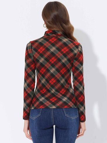 Allegra K Plaid Shirt for Women's Turtleneck Tops Stretch Slim Long Sleeve Blouse in Saudi Arabia