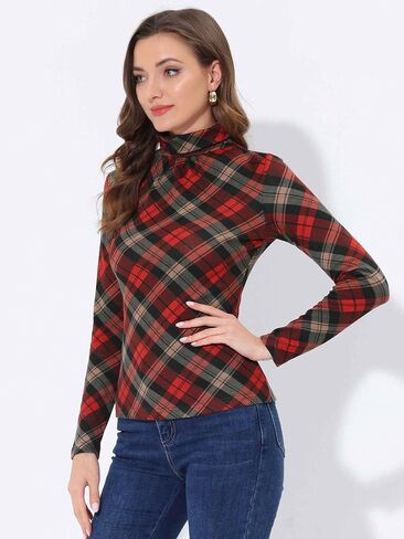 Allegra K Plaid Shirt for Women's Turtleneck Tops Stretch Slim Long Sleeve Blouse in Saudi Arabia