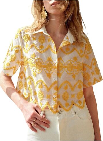 SweatyRocks Women's Short Sleeve Button Down Collared Blouses Boho Summer Embroidery Crop Top in Saudi Arabia