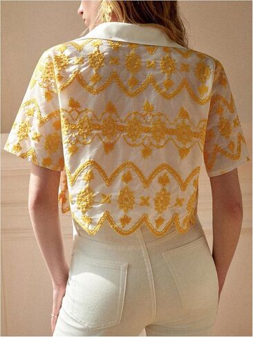 SweatyRocks Women's Short Sleeve Button Down Collared Blouses Boho Summer Embroidery Crop Top in Saudi Arabia