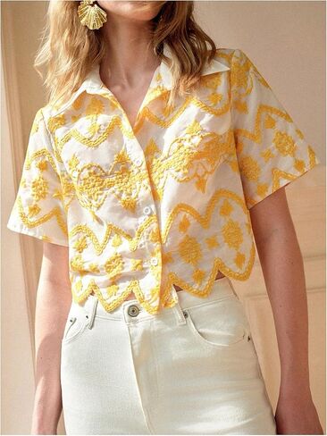 SweatyRocks Women's Short Sleeve Button Down Collared Blouses Boho Summer Embroidery Crop Top in Saudi Arabia
