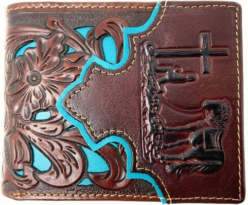 محفظة رعاة البقر للصلاة مصنوعة من الجلد الطبيعي ومزخرفة بالزهور من Western للرجال بـ 9 ألوان (بني/تركي) in Kuwait