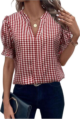 SweatyRocks Women's Puff Sleeve Blouse Gingham Print V Neck Dressy Casual Shirt Top in Saudi Arabia