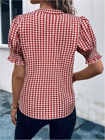 SweatyRocks Women's Puff Sleeve Blouse Gingham Print V Neck Dressy Casual Shirt Top in Saudi Arabia