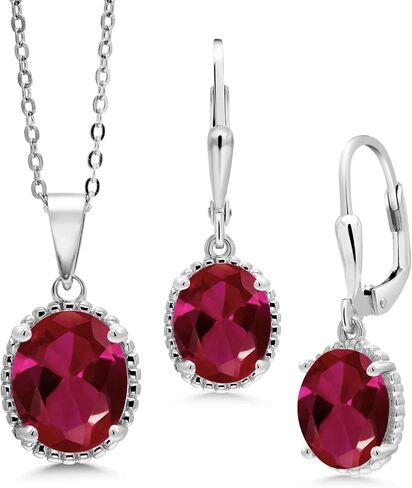 Gem Stone King 8.00 Cttw Red Created Ruby Pendant and Earrings Jewelry Set For Women | 925 Sterling Silver | Oval 11X9MM and 9X7MM | With 18 Inch Silver Chain in Saudi Arabia