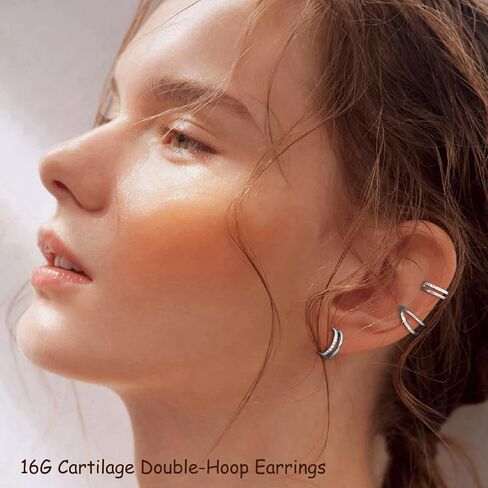 16G Cartilage Double-Hoop Earrings for Women Helix Conch Piercing Jewelry 14K Gold Plated Tragus Piercing Cubic Zirconia Double Hoop Earring in Saudi Arabia