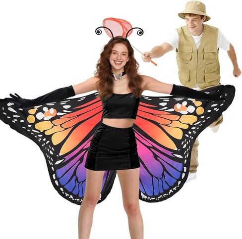 MADHOLLY Couples Halloween Costumes - Double Sided Printing Butterfly Wings for Women, Vest Hat Butterfly Catcher for Men in Kuwait
