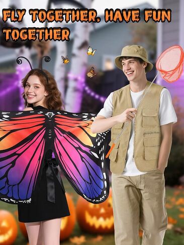 MADHOLLY Couples Halloween Costumes - Double Sided Printing Butterfly Wings for Women, Vest Hat Butterfly Catcher for Men in Kuwait
