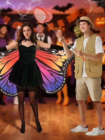 MADHOLLY Couples Halloween Costumes - Double Sided Printing Butterfly Wings for Women, Vest Hat Butterfly Catcher for Men in Kuwait