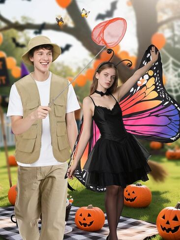 MADHOLLY Couples Halloween Costumes - Double Sided Printing Butterfly Wings for Women, Vest Hat Butterfly Catcher for Men in Kuwait