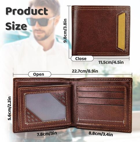 Men Wallet, Soft Leather Men Bifold Wallet Slim Wallet with a Flip ID Window, 9 Cards Slots and 2 Cash Pocket(Brown) in Saudi Arabia