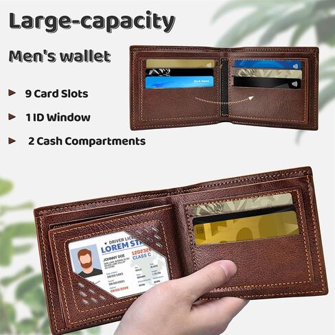 Men Wallet, Soft Leather Men Bifold Wallet Slim Wallet with a Flip ID Window, 9 Cards Slots and 2 Cash Pocket(Brown) in Saudi Arabia