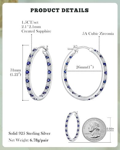 925 Sterling Silver Birthstone with Cubic Zirconia Hoop Earrings for Women fit Sensitive Ears 31mm(1.22 Inches) Large Ear Hoops(with Gift Box) in Kuwait