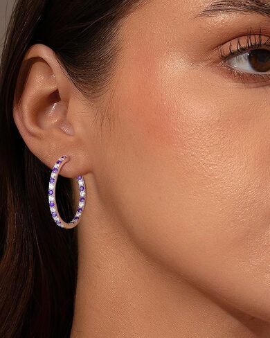 925 Sterling Silver Birthstone with Cubic Zirconia Hoop Earrings for Women fit Sensitive Ears 31mm(1.22 Inches) Large Ear Hoops(with Gift Box) in Kuwait