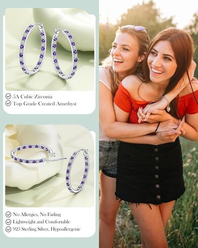 925 Sterling Silver Birthstone with Cubic Zirconia Hoop Earrings for Women fit Sensitive Ears 31mm(1.22 Inches) Large Ear Hoops(with Gift Box) in Kuwait
