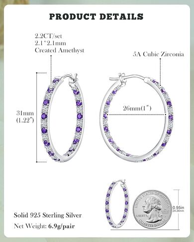 925 Sterling Silver Birthstone with Cubic Zirconia Hoop Earrings for Women fit Sensitive Ears 31mm(1.22 Inches) Large Ear Hoops(with Gift Box) in Kuwait