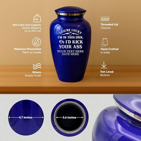 Custom Cremation Urn Metal Vessel for Adult Human Cremains | Funny Personalized You're Lucky 1 Design | 200 Cubic Inch Capacity Traditional Urn for Remains | Splendore Series | Purple in Saudi Arabia
