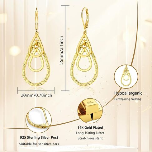 925 Sterling Silver 14K Gold Plated Teardrop Dangle Earrings for Women, ALEXCRAFT Hypoallergenic Silver Teardrop Earrings Drop Hammered Dangling Earring Leverback Dangly Earings in Saudi Arabia