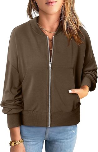 CRAZY GRID Womens Fashion Full Zip Up Sweatshirt Comfy Long Sleeve Cropped Gym Top Solid Color Outfits with Pockets in Saudi Arabia