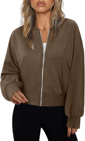 CRAZY GRID Womens Fashion Full Zip Up Sweatshirt Comfy Long Sleeve Cropped Gym Top Solid Color Outfits with Pockets in Saudi Arabia