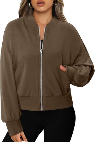 CRAZY GRID Womens Fashion Full Zip Up Sweatshirt Comfy Long Sleeve Cropped Gym Top Solid Color Outfits with Pockets in Saudi Arabia
