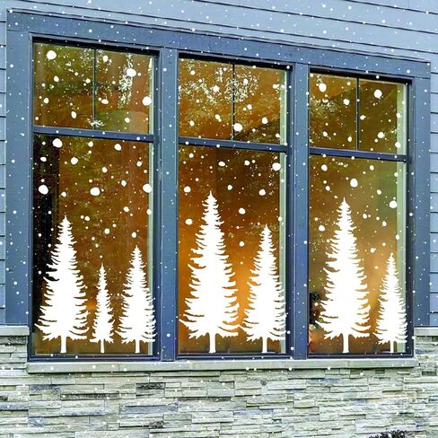 Whaline Christmas Window Clings 25.5" H White Xmas Tree Window Decals Winter Snowflake Reusable Anti-Collision Windows Decor for Holiday Home Glass Mirror Decor, 8 Sheets in Saudi Arabia