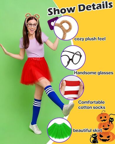 مجموعة فاخرة مكونة من 12 قطعة من أزياء السناجب - تتضمن إطار نظارة سوداء وتنورة أنيقة وجوارب تصل إلى الركبة وقبعة | الحزمة النهائية للحفلات التنكرية السهلة والممتعة والأداء المسرحي وحفلات الهالوين التي لا تُنسى in Kuwait