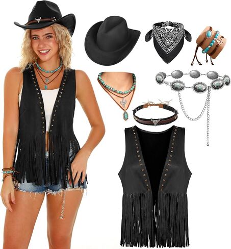 Womens Western Cowgirl Costume Cowboy Outfits Tassels Fringe Vest Hat 7pcs Set in Saudi Arabia