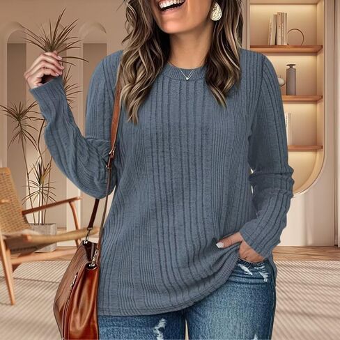 Plus Size Tops for Women Basic Long Sleeve Sweatshirts Casual Ribbed Knit Tees Cute Crewneck Shirts in Saudi Arabia