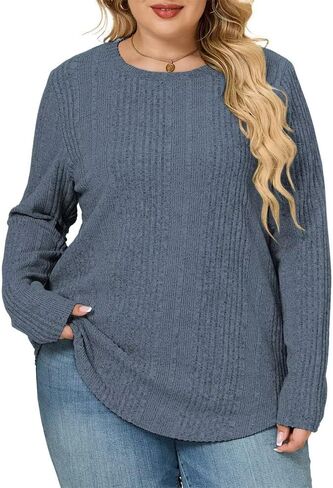 Plus Size Tops for Women Basic Long Sleeve Sweatshirts Casual Ribbed Knit Tees Cute Crewneck Shirts in Saudi Arabia