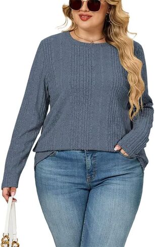 Plus Size Tops for Women Basic Long Sleeve Sweatshirts Casual Ribbed Knit Tees Cute Crewneck Shirts in Saudi Arabia