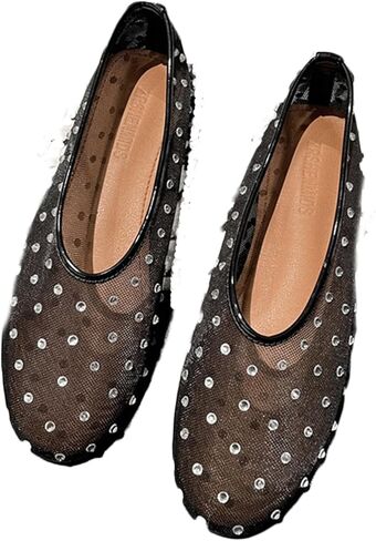 Generic Mesh Ballet Flats For Women 2024 Summer Rhinestones Mesh Flat Sandals Casual Dressy Ballerina Flats Without Straps in Kuwait