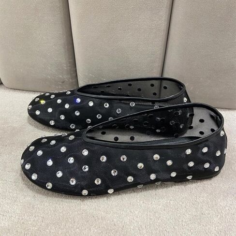 Generic Mesh Ballet Flats For Women 2024 Summer Rhinestones Mesh Flat Sandals Casual Dressy Ballerina Flats Without Straps in Kuwait