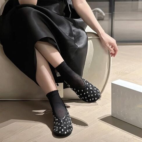 Generic Mesh Ballet Flats For Women 2024 Summer Rhinestones Mesh Flat Sandals Casual Dressy Ballerina Flats Without Straps in Kuwait