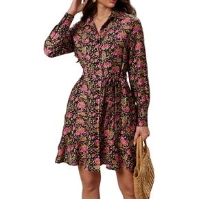 Women's Long Sleeve Collar Button Up Shirt Dress with Belt for Work in Kuwait