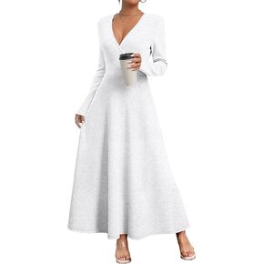 MISFAY Women's Casual Wrap Maxi Dress Long Sleeve Wedding Guest Cocktail Dresses A-Line Deep V-Neck with Pockets Dresses in Kuwait