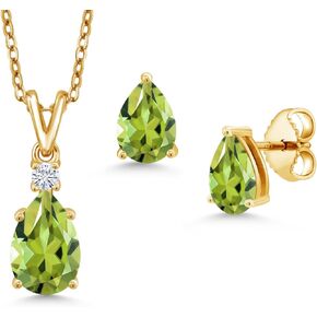 18K Yellow Gold Plated Silver Green Peridot and White Moissanite Pendant and Earrings Jewelry Set For Women | 2.73 Cttw | Gemstone August Birthstone | Pear Shape 9X6MM | With 18 Inch Chain in Saudi Arabia