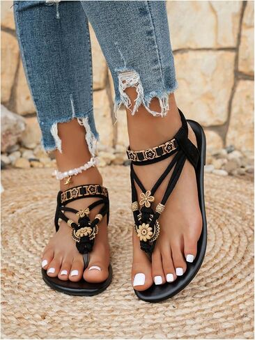 GORGLITTER Women's Floral Boho Flat Sandals Ankle Strap Thong Toe Dressy 2025 Flip Flops Slide Shoes in Saudi Arabia