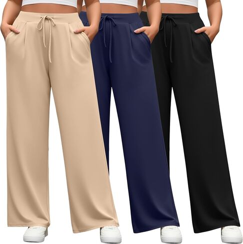 3 Pack Women's Plus Size Wide Leg Yoga Pants, Drawstring Lounge Sweatpants Loose Casual Workout Pants with Pockets in Saudi Arabia