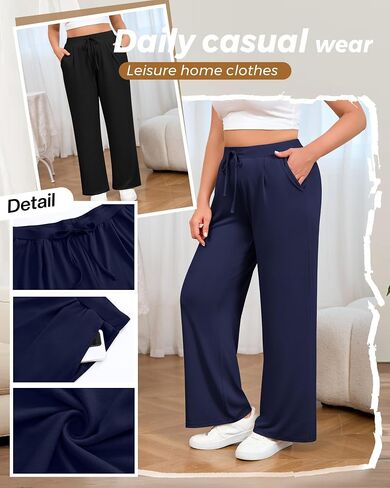 3 Pack Women's Plus Size Wide Leg Yoga Pants, Drawstring Lounge Sweatpants Loose Casual Workout Pants with Pockets in Saudi Arabia