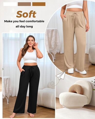 3 Pack Women's Plus Size Wide Leg Yoga Pants, Drawstring Lounge Sweatpants Loose Casual Workout Pants with Pockets in Saudi Arabia