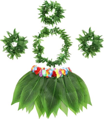 WILLBOND 5 Pcs Hawaiian Leaf Skirt Leis Set Include Hula Grass Skirt Tropical Headband Garland Leaf Wristlet Hawaiian Costume for Adult Women Tropical Beach Halloween Luau Party Supplies in Saudi Arabia
