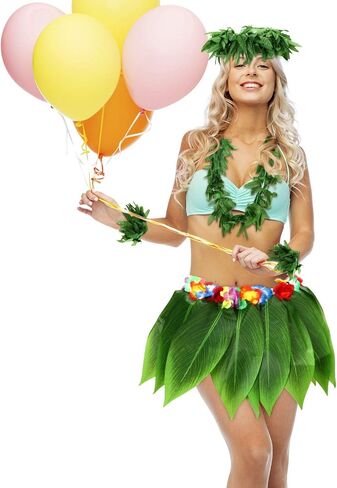 WILLBOND 5 Pcs Hawaiian Leaf Skirt Leis Set Include Hula Grass Skirt Tropical Headband Garland Leaf Wristlet Hawaiian Costume for Adult Women Tropical Beach Halloween Luau Party Supplies in Saudi Arabia