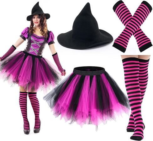 4 Pcs Halloween Witch Costume Set for Women, Halloween Witch Hat Tutu Skirt Striped Knee High Socks Arm Warmers Set for Adult Women Cosplay Carnival Party Favors Black, Rose Red in Saudi Arabia